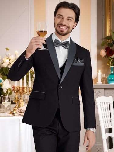 MAGE MALE Men\'s Slim Fit 3 Piece Suit Solid Shawl Lapel Blazer Jacket Vest Pants Set for Dinner Party Formal Wedding Prom Gray