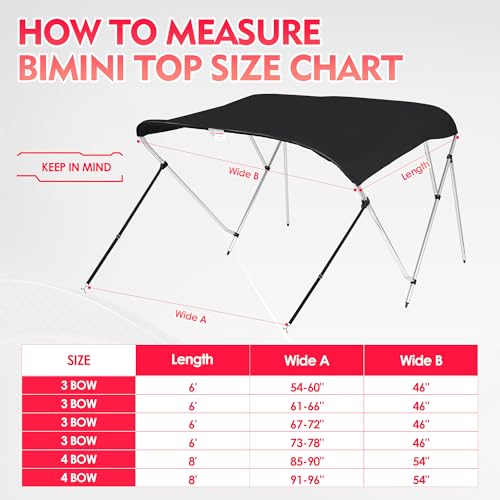 Image of Bimini Tops for Boats, Black 3 Bow L6' x W61-66 x H46, 900D Polyester Bimini Top, 2 Rear Support Poles and Storage Boot, 4 Adjustable Nylon Straps
