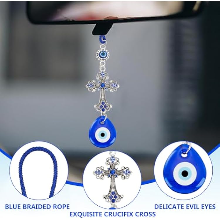 WEBEEDY Evil Eye Car Hanging Ornament Evil Eye Crystal Cross Charm Turkish Blue Evil Eye Protection Charm Rear View Mirror Hanging Accessories Evil Eye Protection Charm for Car Home Decors,24cm/9.45