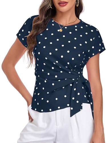 Image of HOTIAN Womens Cap Sleeve T Shirts 2026 Tie Waist Wrap Tops Crew Neck Blouses Dressy Casual Loose Work Business Dressy