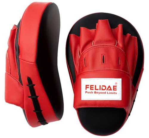 Image of FELIDAE Focus Pads for Boxing & MMA Training | Curved Punch Mitts for Kickboxing, Muay Thai & Martial Arts | Durable PU Leather Hand Target Pads for Punch Accuracy & Speed | Red Black (RED /Black)