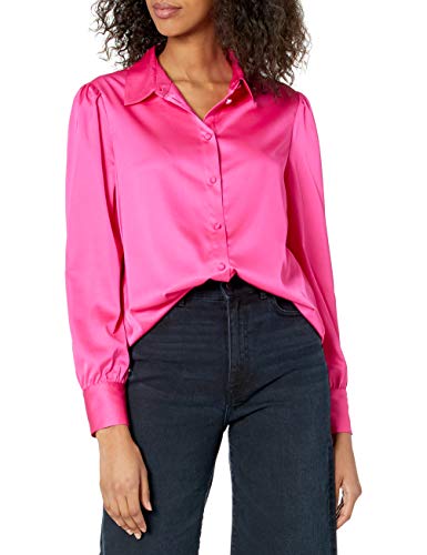 The Drop Women's @Lucyswhims Long-Sleeve Button-Down Stretch Satin Shirt, Hot Pink, Small