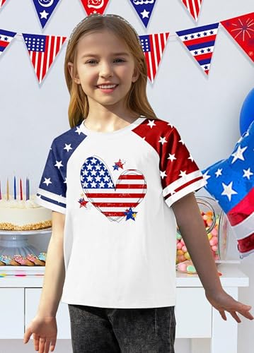 Image of CAZYCHILD Girls 4th of July USA Shirt American Flag Patriotic T-Shirt Independence Day Outfit for Kids 5-14Years