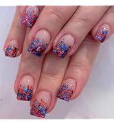 Tyuimhx 4th of July Press on Nails Short Square Fake Nail USA Independence Day False Nails with R...