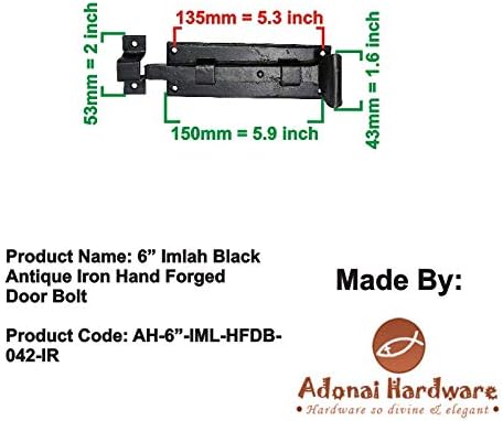 Adonai Hardware Imlah Black Antique Iron Hand Forged Door Bolt (6", Black Powder Coated)