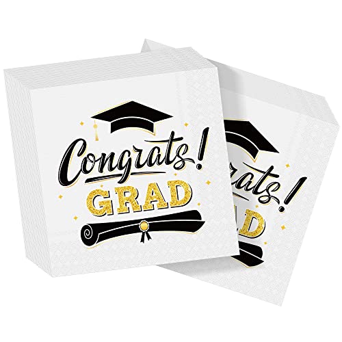 Durony 60 Pack Graduation Party Napkins Disposable Black And Gold Graduation Napkins 3-Ply Congrats Grad Napkins For College High School Graduation Party #TOP7