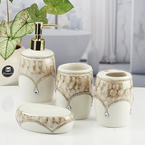 Image of Kookee Ceramic Bathroom Accessories Set - 4 Piece Bath Kit with Soap Dispenser, Soap Dish, Toothbrush Holder & Tumbler | Modern Designer Decor for Home & Guest Bathrooms (11122)