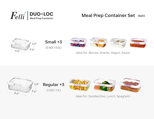 Felli Duo Loc Tritan Containers for Reheating Microwave Safe Box, Airtight Food Storage for Fridge Freezer, On The Go Lunch Container for Adults for Weekly Meal Plan Picnic Travel (6pk) - Image 4