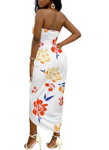 Image of Umenlele Women's Strapless Ruched High Waist Wrap Split Asymmetrical Beach Maxi Long Dress
