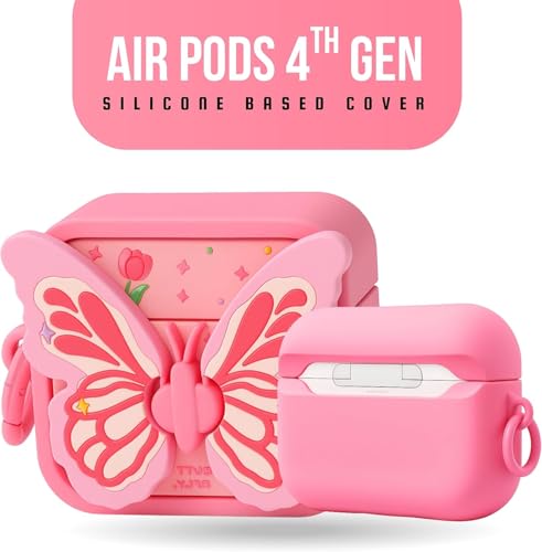 Image of Emoh Roced Case for AirPodS 4 (2024) with Keychain (ANC), Cute Cartoon Shockproof Protective Cover Compatible with Apple AirPods 4th Generation 2024 for Women and Boys (Butterfly-4)