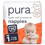 Pura Newborn Baby Nappies Size 1, 25 Count, 2-5kg/4-11lbs, Cloud Soft Premium Nappies for Hypoallergenic & Sensitive Skin, Toxin-Free*,Wetness Indicator, Up to 12 Hours Leak Protection