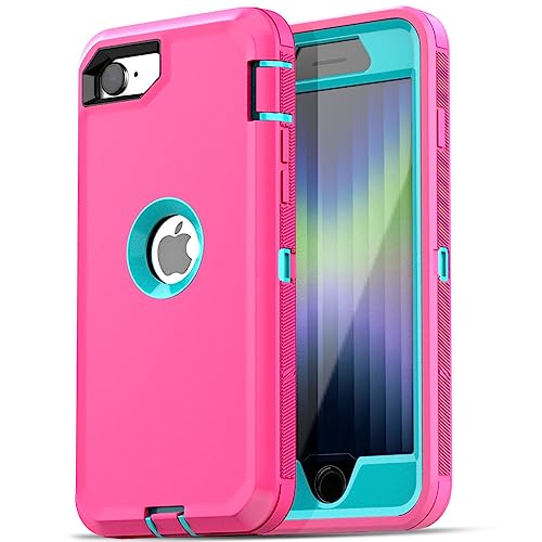 Image of AICase for iPhone SE Case 3rd & 2nd Generation, for iPhone SE 2022 /2020 Built-in Screen Protector Heavy Duty Protective Shockproof 3-Layer Full Body Rugged Phone Cover, Pink /Aqua Blue