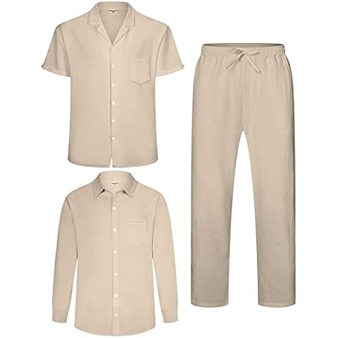 YAOGRO Men's Linen Sets Outfits: 3 Piece Beach Button Down Shirts Casual Loose Pants Short Sleeve Walking Suits Cover