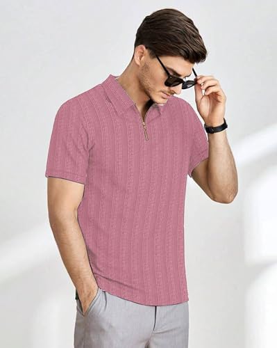 Image of Men T-Shirts Polos || Polo Tshirt with Texture Fabric Zipper Neck