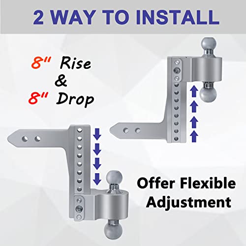 Adjustable Trailer Hitch 8” Drop/Rise Hitch Ball Mount For 2” Receiver, Aluminum Tow Hitch With 2 Stainless Steel Pins Locks, 12,500 Lbs Gtw, 2" And 2-5/16" Chromed Steel Balls For Heavy Duty Truck #TOP1
