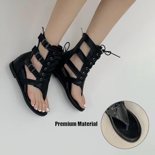 Women's Leather Flat Thong Heighten Mid-Calf Roman Sandals Boots With Adjustable Metal Buckle Vintage Lace Up Clip Toe Round Open Toe Back Zipper Wedge High Top Gladiator Booties For Party Vocation2