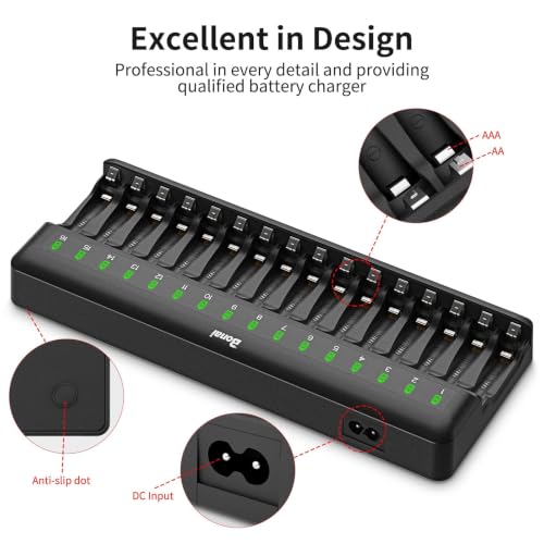 BONAI 16 Slots Chargeur Piles Rechargeable pour AA/AAA Ni-MH, Contrôle Indépendant par Slot, LED Intelligente, Détection Automatique des Piles Non-Rechargeables, Détection de température Excessive – vue 5