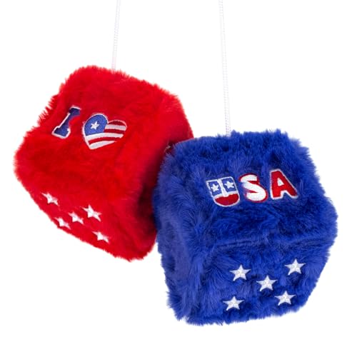 4th of July Fuzzy Dice for Car Mirror Patriotic Red White Blue Plush Hanging Dice USA Rear View Mirror Charm Embroidered Car Interior Decorations