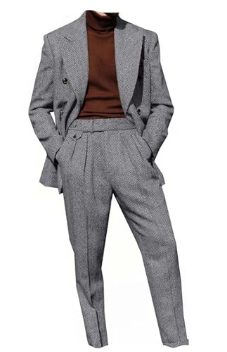 Mens Suits 2 Piece Tweed Suit Double Breasted Knit Herringbone Jackets Formal Prom Tuxedos Suits Blazer Pant Set