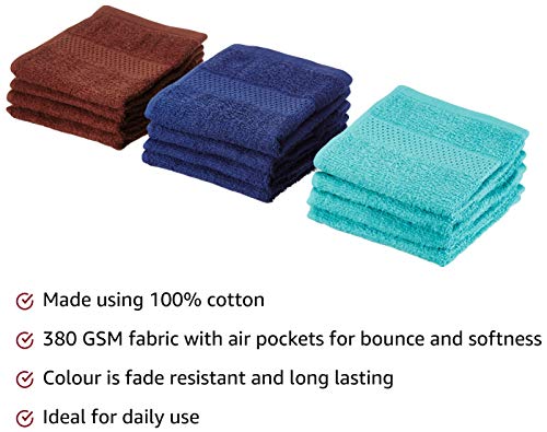 Image of Amazon Brand - Solimo Cotton 12 Piece Face Towel Set, 380 GSM (Baltic Blue, Twilight Blue, Brick Red)