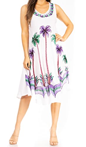 Sakkas 117 Watercolor Palm Tree Tank Caftan Short Dress - White/Blue/One Size