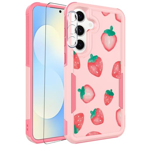 Ftonglogy for Samsung Galaxy S25 FE Case with Screen Protector + Camera Lens Protector: Cute Flower Floral Fruit Design for Girls Women Slim TPU Bumper Silicone Cell Phone Cover (Strawberry)