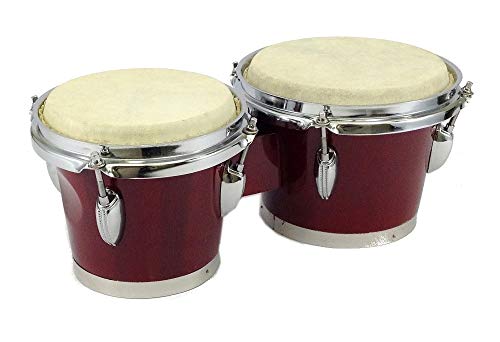 BONGOS 7\" + 8\" inch DARK RED WOOD DUAL DRUMS SET - WORLD LATIN Percussion - NEW