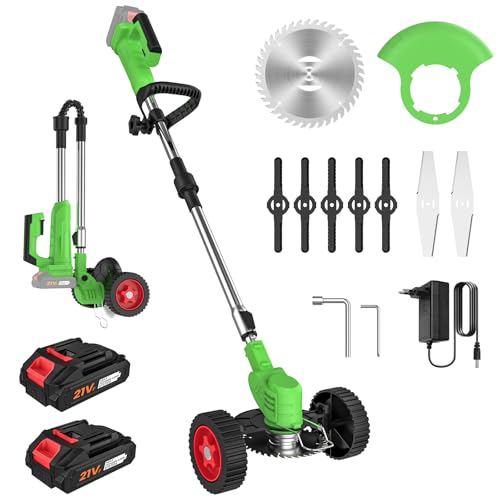 Desbrozadora Bateria 21V, Desbrozadora Electrica con 2 Baterías y 3 Cuchillas, Ruedas Desmontables, Altura Ajustable, Cortacésped de Batería Plegable para Recortar Césped y Arbustos