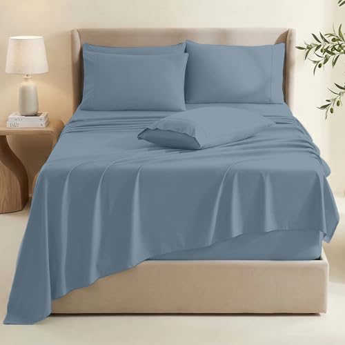 Image of Hearth & Harbor Bed Sheets, Luxury Soft 6 Piece Bed Sheet Set Extra Deep Pocket Fitted Sheets Fits Mattress up to 21 inch, Double Brushed Bedding Sheets & Pillowcases, Twin XL, Soft Blue