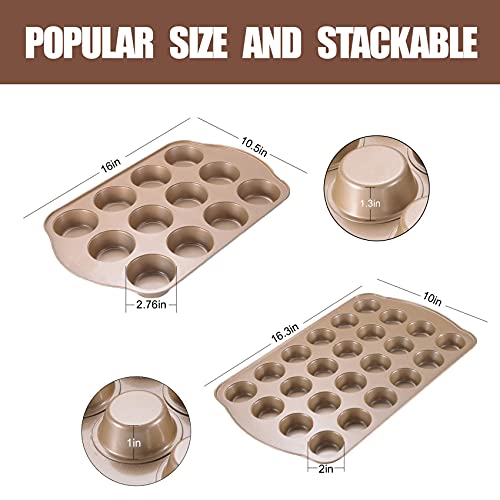 Joho Baking Nonstick Muffin Pan, Mini Cupcake Pan Set, Muffin Tins For Baking, 2 Pack, 12-Cup And 24-Cup, Gold #TOP3
