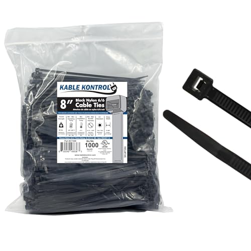 Image of Kable Kontrol Cable Zip Ties, 8 Inch, 1000 Pcs, 50lbs Test, Black