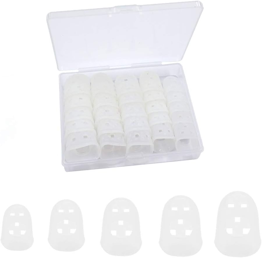 5 Sizes Guitar Fingertip Protector With Compact Box, Premium Silicone Guitar Finger Guards, Non-Slip Breathable Fingertip Protection Covers Caps for Guitar, Sewing, String Instruments (Transparent)