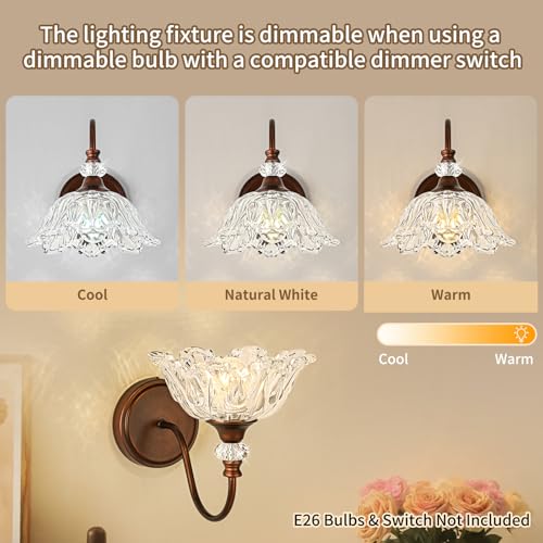 Image of 1-Piece Antique Red Bronze Vintage Wall Sconce with Floral Clear Glass Shade, Farmhouse Wall Mount Lighting for Bathroom,Vintage Bathroom Vanity Light Fixtures