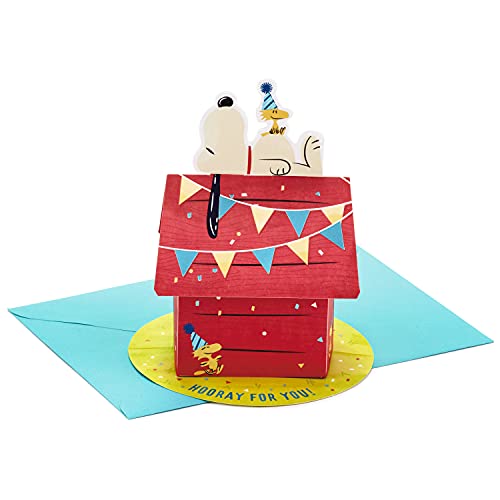Image of Hallmark Paper Wonder Peanuts Pop Up Birthday Card (Snoopy Dog House) | 3D Pop-up Snoopy Dog House, Coordinating Envelope, Premium Paper, 6.25 X 9 in