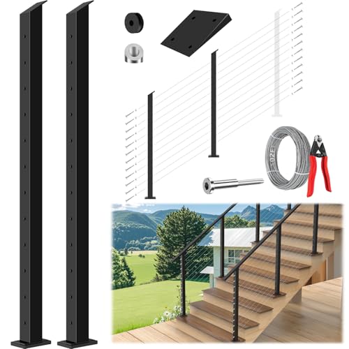 Gyykzz 42" Complete Set Stair Cable Railing Post Kits, 2 Pack 33° Drilled Black Deck Post Fit 28-38° Stairway, Included 102FT Stainless Steel Wire Rope, 24 Tensioner, 24 Angle Washer (No Handrail)