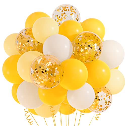 Image of TUPARKA 12 inches Yellow White Gold Confetti Balloons 60 Pack Pastel Yellow White Party Balloon for Sunflower Honeybee Theme Birthday Baby Shower Party Supplies