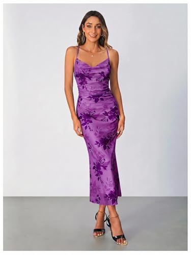 Image of SOLY HUX Women's Floral Mesh Bodycon Cami Dress Cowl Neck Sleeveless Cocktail Party Wedding Guest Long Maxi Dresses