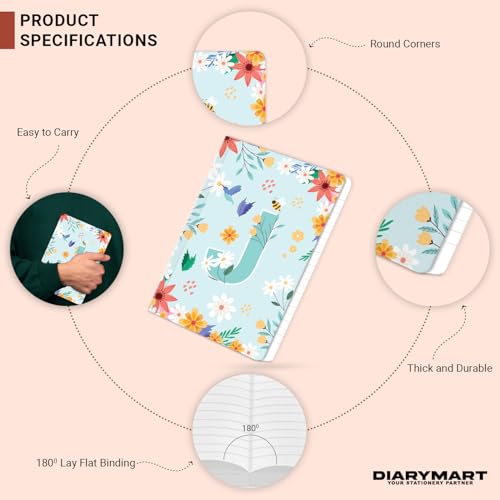 Image of Initial J Premium Soft Bound Notebook Diary for Girls and Women (B6, 90 GSM, 160 Ruled Pages) Floral Design Notebook Journal Diary