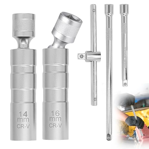 Spark Plug Socket Set, 2 Pcs 12-Point Universal Joint Magnetic Thin Wall Sparkplug Socket (14MM & 16MM), 2 Pcs 3/8 Drive Socke Extension Bars (150MM & 250MM), Spark Plug Wrench