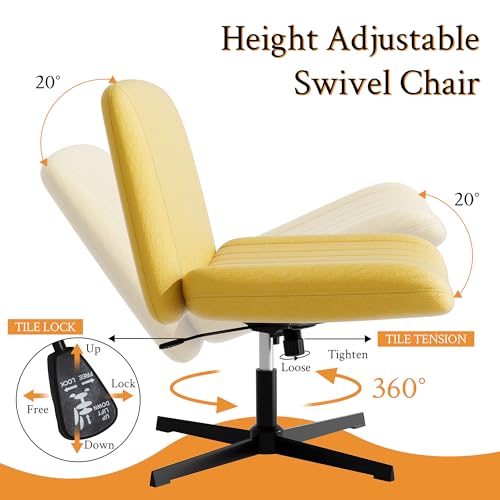 Image of Criss Cross Chair, Armless Cross Legged Office Chair No Wheels, Fabric Padded Office Chairs Height Adjustable Swivel Wide Seat Vanity Chairs for Home Office Bedroom (Yellow)