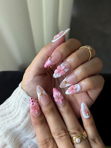 10PCS Pink Floral Press-On Nails - 3D Romantic Spring Blossom