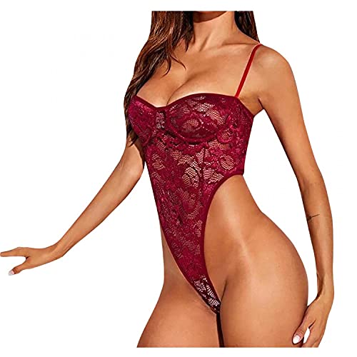 Zhiyao Body de encaje para mujer, ropa interior sexy, sin espalda, con sujetador plunge, parte superior, invisible, para novia, lencería Nathlos para vestido sin espalda, rojo, L