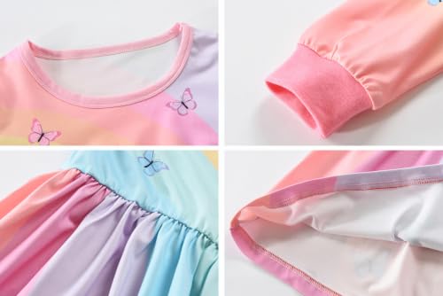 Image of Tkria Toddler Girls Rainbow Dress Striped Fall Dress Cartoon Colourful Long Sleeve Casual Dressy 2-7T