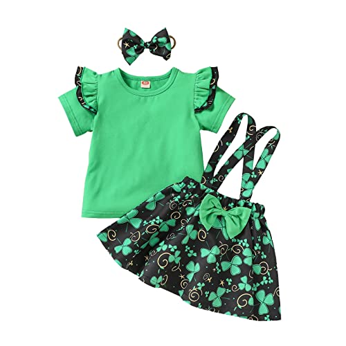 PZHHZPING Kurzärmliges T-Shirt-Oberteil für Kinder + Latzrock-Stirnband Set Kleinkind Baby Mädchen St. Patrick's Day T-Shirts Tops Blusen Hosenträger Röcke mit Kleeblatt Print Outfits (6M-4T) Cover