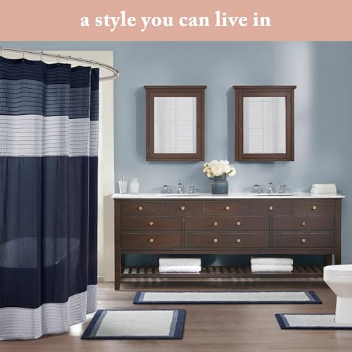 Image of Madison Park Amherst Bathroom Shower Curtain Faux Silk Pieced Striped Modern Microfiber Bath Curtains, 72x84 Inches, Coral