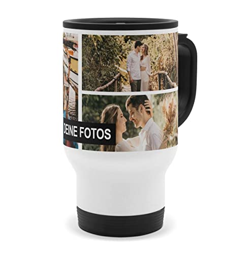 PhotoFancy® - Personalisierter Thermobecher \'Collage\' - Isolierbecher To go mit eigenem Foto und Text selbst gestalten - Layout Collage 3 Bilder