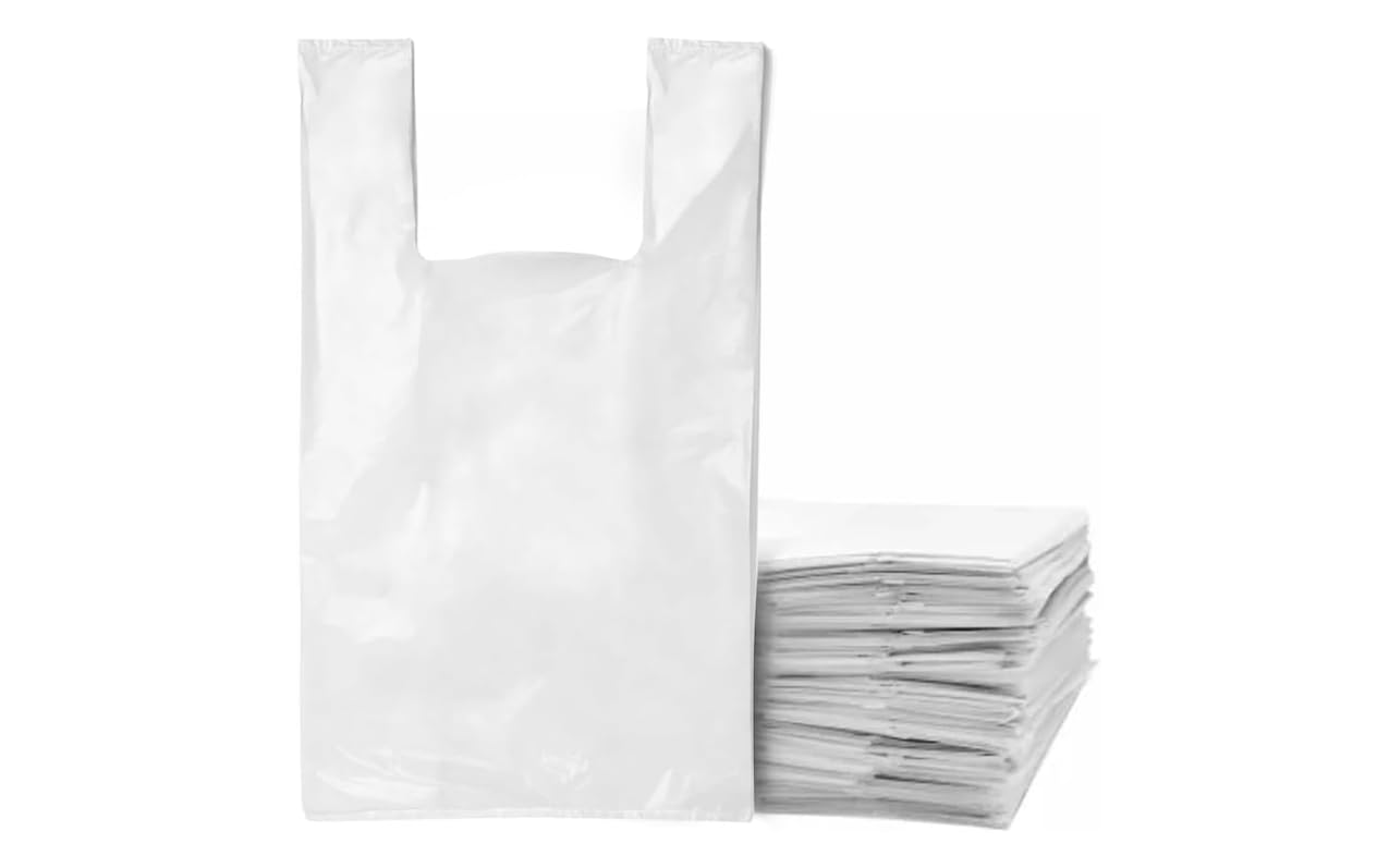 SAYBIO White Carrier Bags with Handles Plastic Carrier Bags 10'' X 15'' X 18'' (25cmx38cmx46cm) Durable Plastic T-Shirt Bags with Handles - Reusable Plastic Shopping Bags 15 Microns (300)