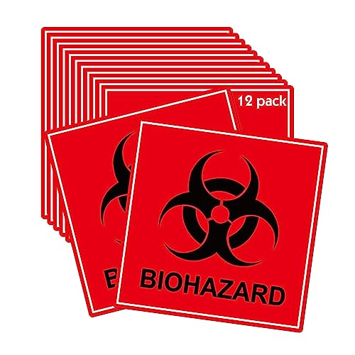 12 Pack Biohazard Stickers Sign Biohazard Warning Labels 4Inch Universal Biohazard Symbol Vinyl Waterproof Hazardous Materials Warning Stickers for Labs, Hospitals and Industrial Use