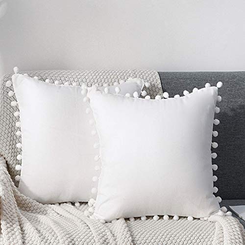 CAWANFLY Set of 2 Decorative Throw Pillow Covers with Cute Pom Pom, Square Soft Cushion Case Home Decor for Couch Sofa Bed 20x20Inch/50x50 cm (White)