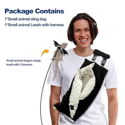 adjustable fluffy bearded dragon sling carrier bag reptile carrier with leash harness lizard cage accessories for small animal kitty ferrets squirrel hamstersparrot black